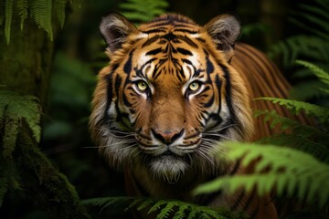 Obraz premium Majestic tiger stealthily navigating the dense jungle underbrush in search of elusive prey