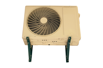White big air conditioner compressor source heat pumps isolated on cut out PNG or transparent background. Cooling pump technology for home or office. For on roof top of building for industrial plant. 