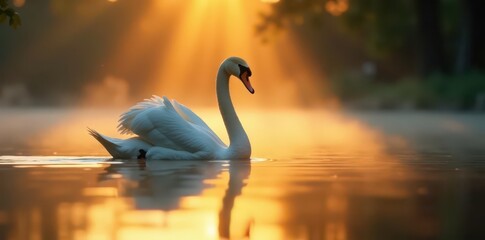 Fototapeta premium Golden light, swan's silhouette on misty water, still, scene, elegant