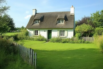 Obraz premium Charming Whitewashed Thatched-Roof Cottage with Green Lawn and Picket Fence