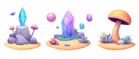 Naklejka premium Fantasy crystals, mushrooms, game assets
