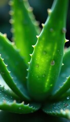 Succulent aloe vera leaf, glistening dew drops, fresh, medicine, beauty