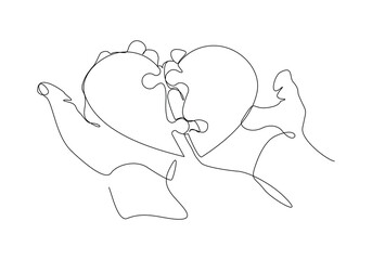 Continuous single line of palm hand holding love heart jigsaw puzzle for valentine day relationship or health care abstract sketch drawing vector illustration