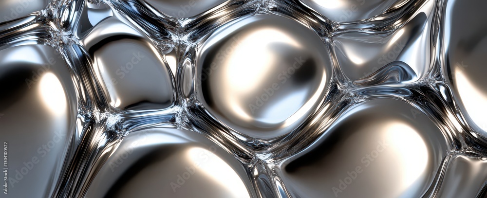 Poster glossy metallic surface with reflective bubbles and organic shapes creating a futuristic and abstrac