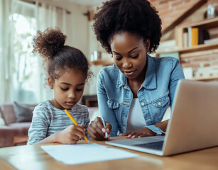 a happy African American mother helping her daughter with homework