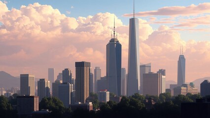 Fototapeta premium Stunning Sunset Skyline of a Modern City with Skyscrapers