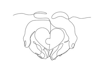 Continuous single line of palm hand holding love heart jigsaw puzzle for valentine day relationship or health care abstract sketch drawing vector illustration