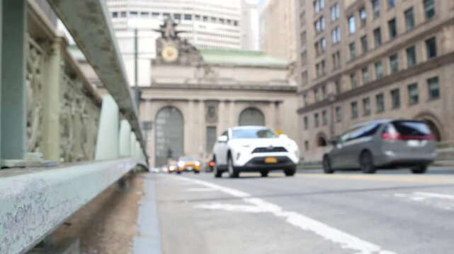 New York City Grand Central Terminal railway station building architecture, 42 street. Manhattan Midtown. Yellow taxi cab, car transport, Pershing Square bridge, NYC, USA. American urban road traffic.