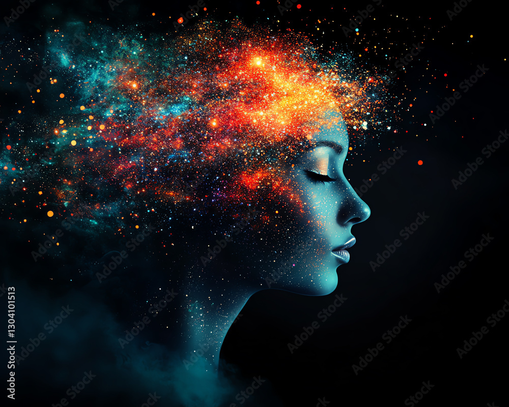 Wall mural a creative representation of a person with a galaxy in their mind, symbolizing imagination.