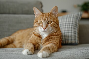 Charming ginger cat lounging comfortably on a sofa in a bright and cheerful living room space