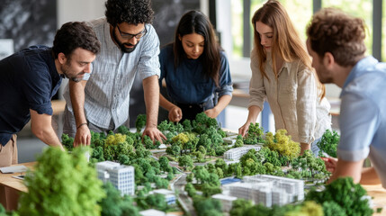 Project-Based Learning, Diverse group collaborating on urban garden models project, showcasing creativity and teamwork