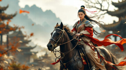 woman in red dress with a katana, female warrior, soldier, Japanese warrior, 