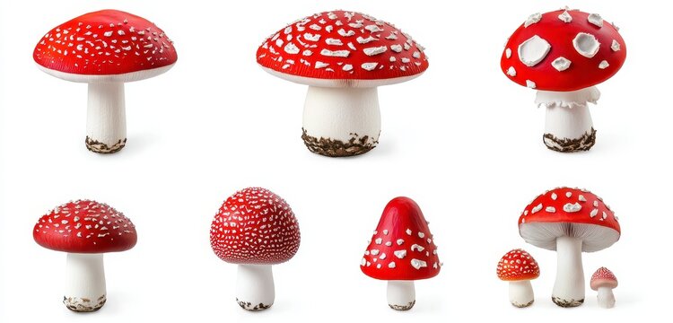 Eight Red Mushrooms with White Spots on White Background