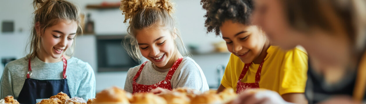 Project-Based Learning, Baking teenagers smiling while preparing pastries for charity event