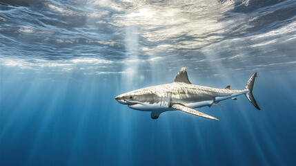 Fototapeta premium A shark swimming just beneath the ocean surface, its streamlined body cutting through the water with remarkable speed and agility, set against a clear blue ocean.