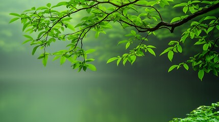Obraz premium Green Tree Branch with Lush Leaves in Misty Forest