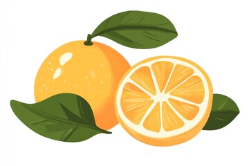 One whole orange and one slice of an orange with leaves, isolated on a white background