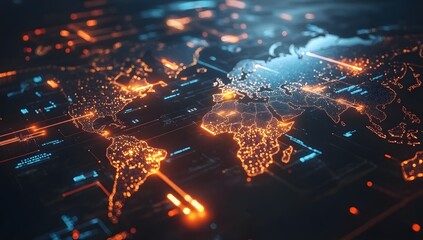 Global network map, digital, world, glowing, technological background