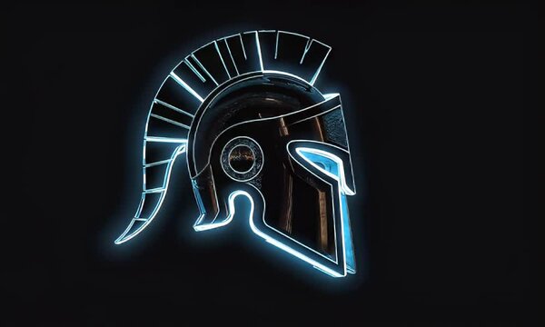 A glowing neon blue Spartan helmet with intricate design set against a dark background.