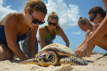 Fototapeta premium Eco-volunteers tagging sea turtles for conservation research