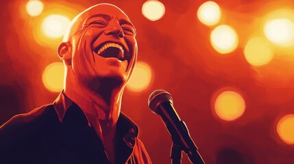 A man singing joyfully into a microphone on stage