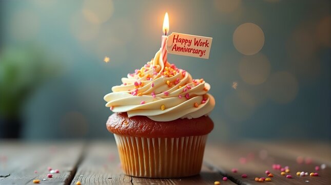 Work Anniversary Cupcake Celebration: Delicious Treat with Candle & "Happy Work Anniversary" Flag on Wooden Table, Bokeh Background