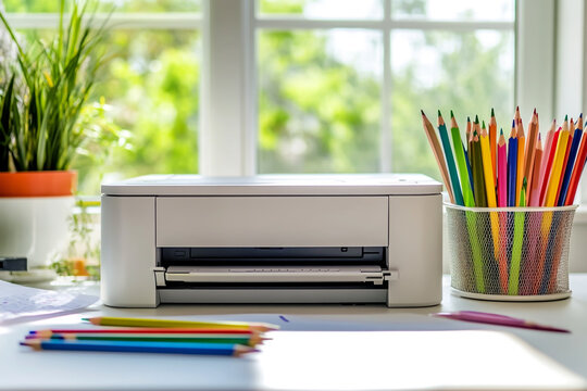A printer with colored pencils and paper on the table in an office, ready to print colorful images