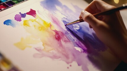 Hand Holding Brush Creating Colorful Abstract Watercolor Painting