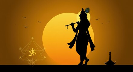 Silhouette of Lord Krishna Playing Flute at Sunset: A Serene Spiritual Artwork