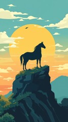 A Silhouette Horse Standing On A Cliff Against A Sunset