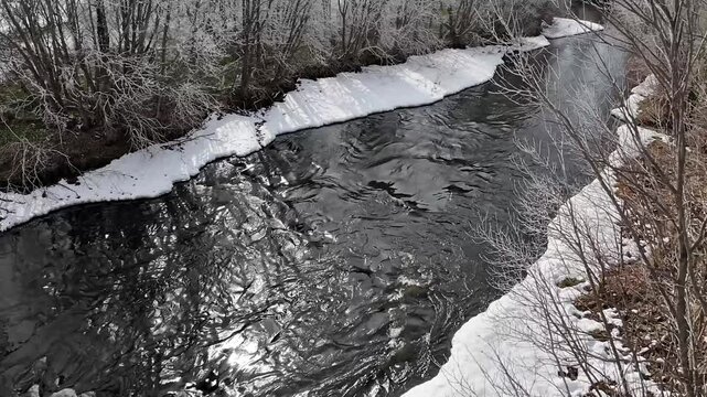 Tracking Shot time-lapse of following a river&rsquo;s flow as seasons change, muted winter tones blending into rich summer colors, natural light intensifies, a journey feel. 

