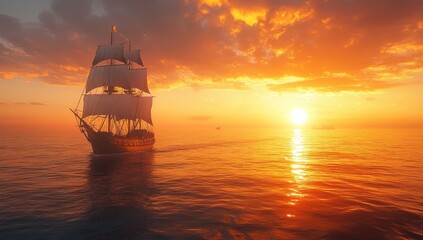 Fototapeta premium Majestic sailing ship in peaceful waters during stunning sunset with vibrant orange and golden skies reflecting on tranquil ocean surface