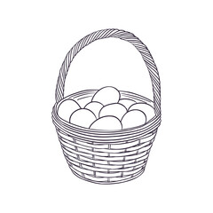 Fototapeta premium vector drawing basket with eggs, Easter monochrome line composition at white background, hand drawn illustration
