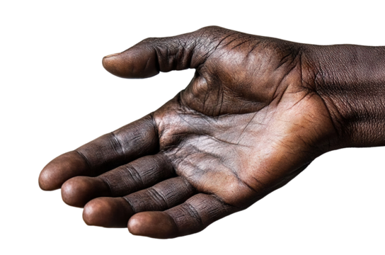 Outstretched hand of African American man, isolated on transparent cutout background