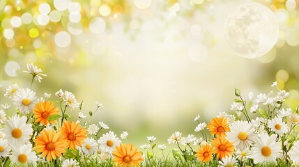 Orange and White Daisies in a Soft Green Meadow with a Blurred Moonlit Background
