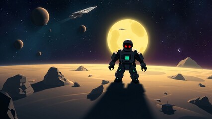 Obraz premium Solitary Robot on Alien Planet Underneath Giant Moon