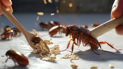 Effective cockroach extermination using a hammer on white floor
