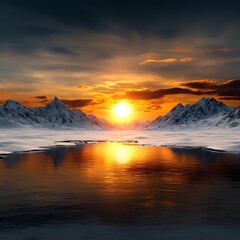 A dynamic seasonal transition scene with melting snow, where the golden sun casts its glow over a serene blue sky. Soft clouds hover above as distant mountains stand in the background, their 