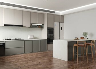 Contemporary modern home exterior and interior with floor to ceiling marble fireplace black granite countertops in the kitchen modern stylish furniture built in wall ovens custom fridge bar stools. 3D