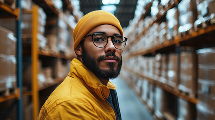 Logistics engineer overseeing warehouse automation, monitoring autonomous robotic sorting systems, optimizing real-time delivery logistics in a high-tech facility