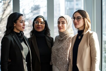 A diverse group of professionals, each wearing modest and stylish office attire, standing near a window discussing ideas. Sunlight streams in, creating a soft and inviting atmosphere