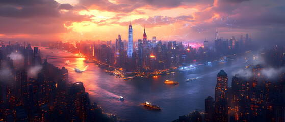 Naklejka premium Cityscape sunset, harbor, boats, mist
