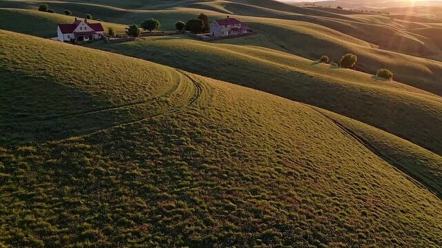 A flying over rolling green hills bathed in golden-hour light, wildflowers swaying as the sun dips below the horizon, casting long, soft shadows over rustic farmhouses.
