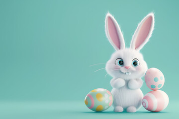 Stylish Easter Bunny Resting on a Sleek Teal Backdrop with Soft Lighting and Delicately Arranged Decorative Eggs