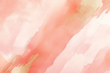Fototapeta premium Peach watercolor background with white brush strokes and subtle shimmer of rose gold foil, flat lay, top view