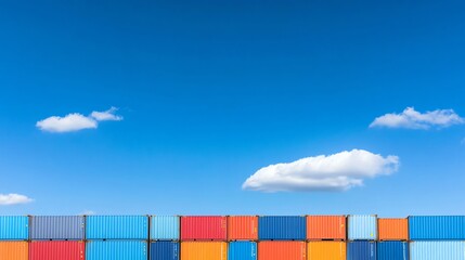 Fototapeta premium Panoramic view of a busy shipping yard with colorful stacked cargo containers under a clear blue sky. Perfect for logistics, transport, and industrial themes