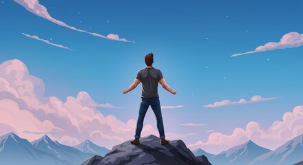 People stood on the top of the mountain and raised their arms and shouted