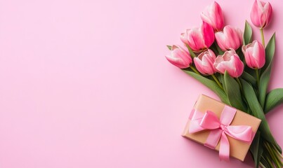 Fototapeta premium bouquet and gift box on light pink background, with copy space for text. Web banner showing tulips in pastel colors and an elegant presentation of the present with ribbon bow