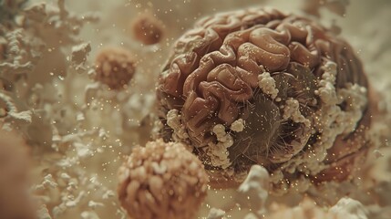 Close-up of a human brain with glowing microscopic parasites crawling on its surface, symbolizing infection and disease, representing medical and scientific concepts.