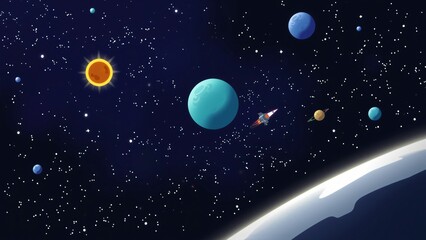 Cartoon Solar System with Rocket Ship in Space